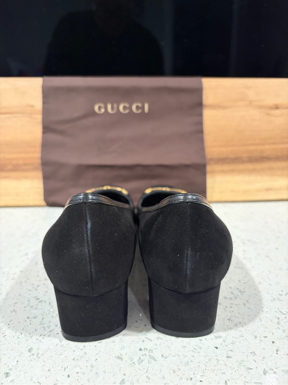 Gucci Black Suede Low Block Heel Pumps with Gold Horsebit - Picture 3 of 10